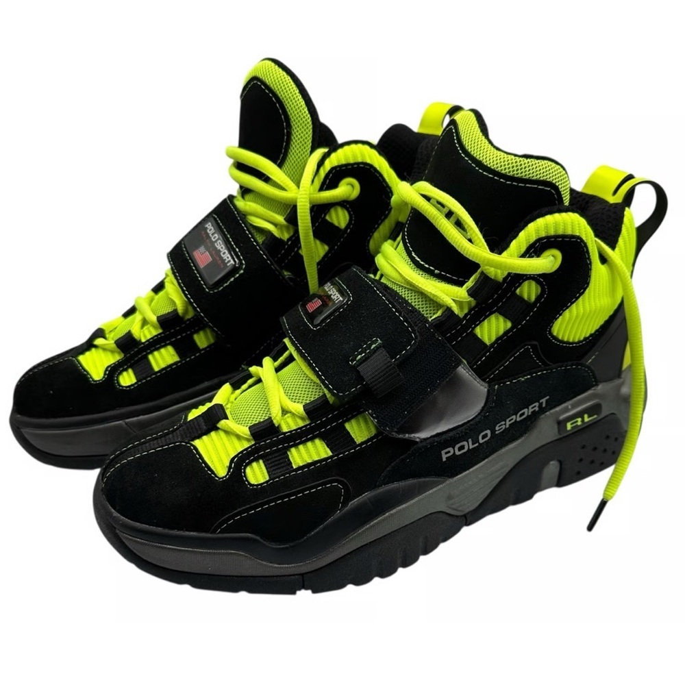 Like New! Polo by Ralph Lauren Black and Neon Green Sneakers, size 7M or 9W